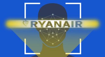 A face is getting scanned via facial recognition. On top of that, you can see the Ryanair logo.