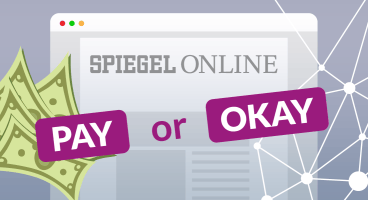 The logo of the news magazin DER SPIEGEL and the slogan "Pay or Okay" in the foreground.