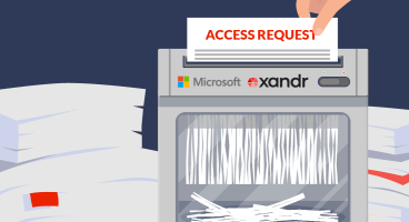 A document shredder in front of stacks of paper. A hand holds a document going through the shredder. The document has "ACCESS REQUEST" written on it. The shredder itself has "Microsoft" and "Xandr" written on it.