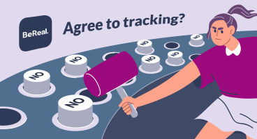 A person holding a hammer tries to hit buttons labeled "NO", but doesn't manage to do it. Above, there is the slogan "Agree to tracking?"