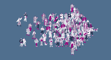 A large group of people in different shades of magenta form the shape of an arrow pointing to the right. 