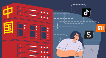 A woman with a laptop on her lap sits in front of a large red server symbolising data transfers to China. On her right, there's the logos of TikTok, Xiaomi and SHEIN. They are connected to the server through dotted lines..