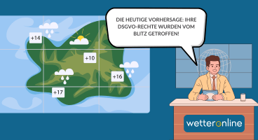 A weather man sitting behind a desk and next to a weather map. Above him a speech bubble showing that he says "today's forecast: your GDPR rights have been hit by lightning"