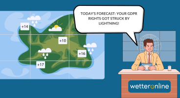 A weather man sitting behind a desk and next to a weather map. Above him a speech bubble showing that he says "today's forecast: your GDPR rights got struck by lightning"