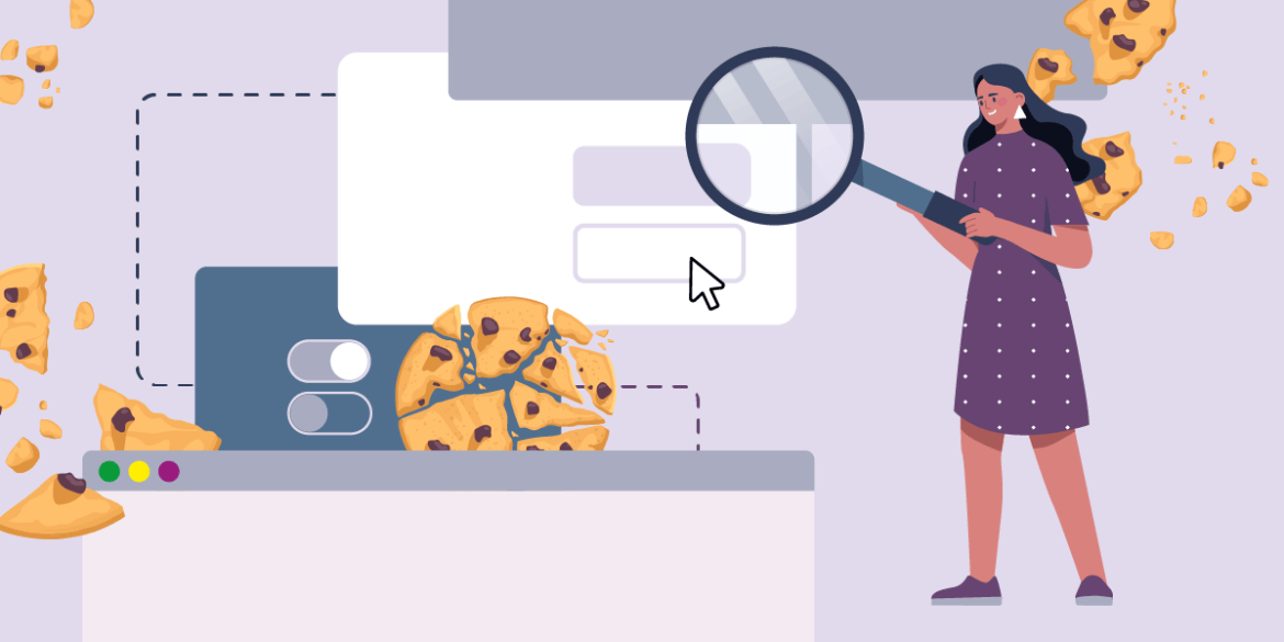 An illustration of a woman holding a magnifying glass. In the background, there are stylised browser windows and consent boxes. Also, there are multiple crumbled chocolate cookies which symbolise tracking cookies on websites.