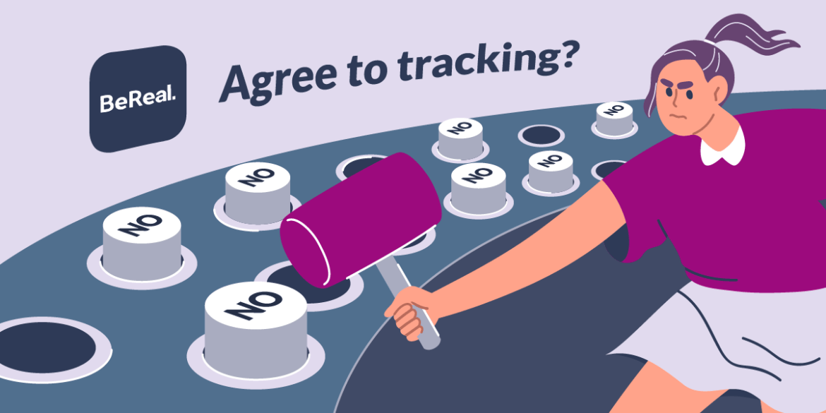 A person holding a hammer tries to hit buttons labeled "NO", but doesn't manage to do it. Above, there is the slogan "Agree to tracking?"