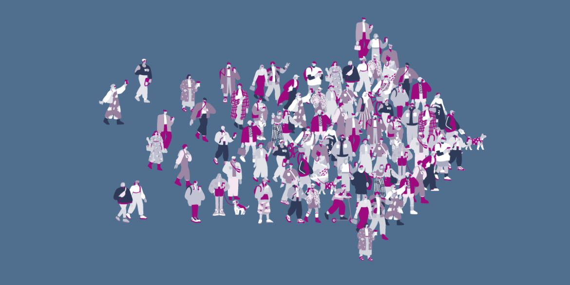 A large group of people in different shades of magenta form the shape of an arrow pointing to the right. 