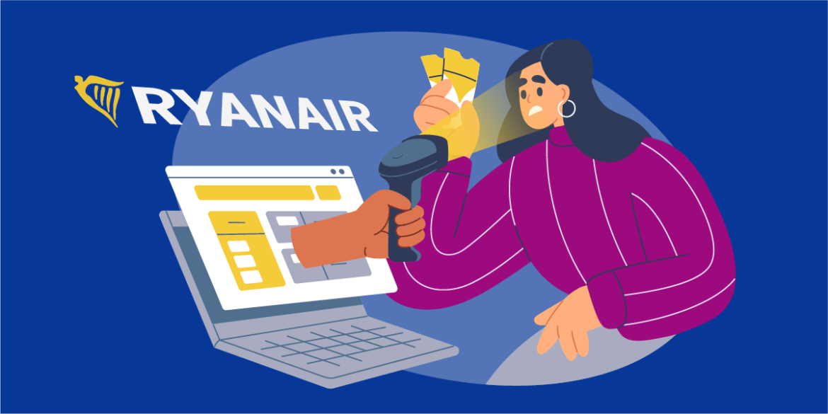 A woman sits in front of a laptop and holds two flight tickets in her right hand. There is a hand coming out of the computer screen that holds a scanner that scans the woman's face. Above the computer screen you can see the "Ryanair" logo, indicating that Ryanair scans the face of its customers.