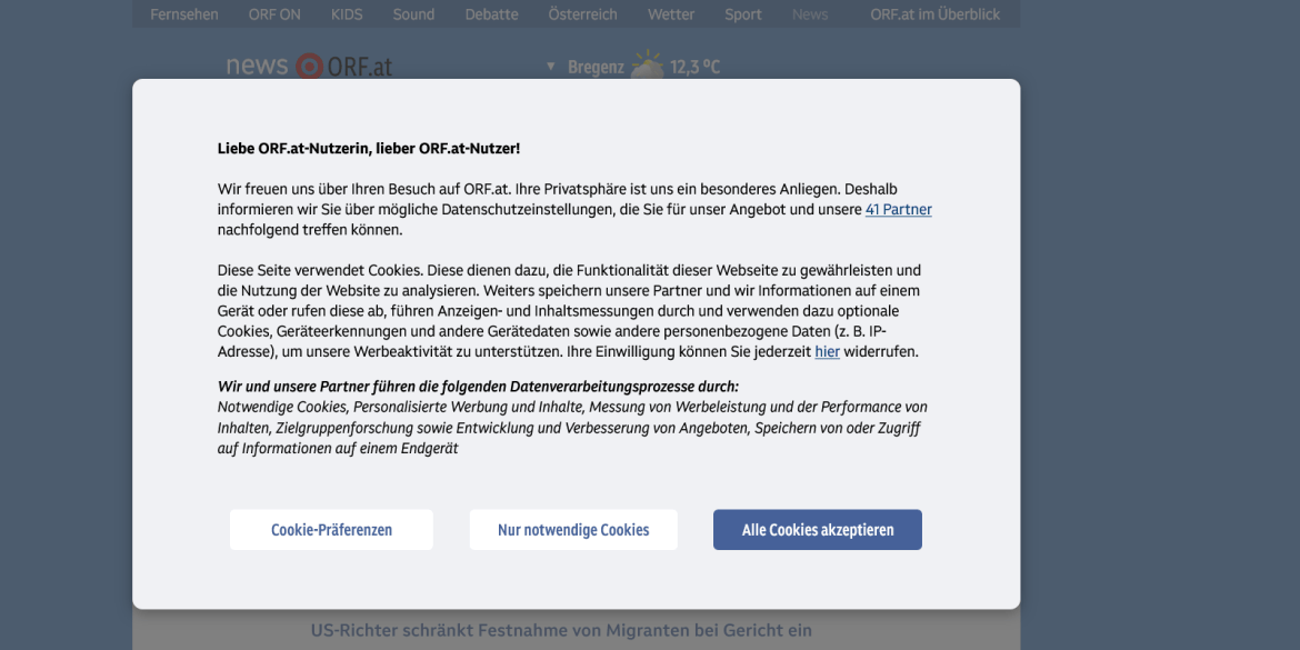Screenshot current ORF cookie banner