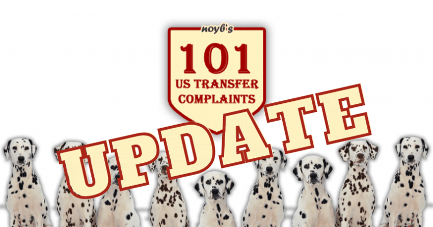 Some dalmatians with a "101 us transfer complaints - update" banner above them.