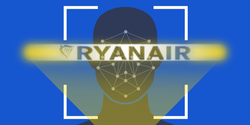 A face is getting scanned via facial recognition. On top of that, you can see the Ryanair logo.