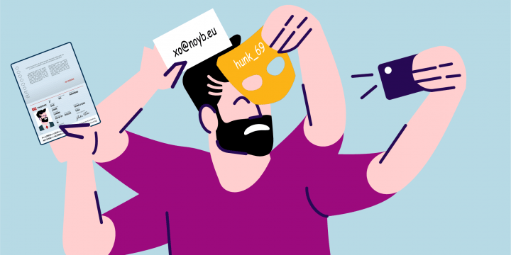 Person with four hands trying to take a selfie with ID and paper with E-mail on it